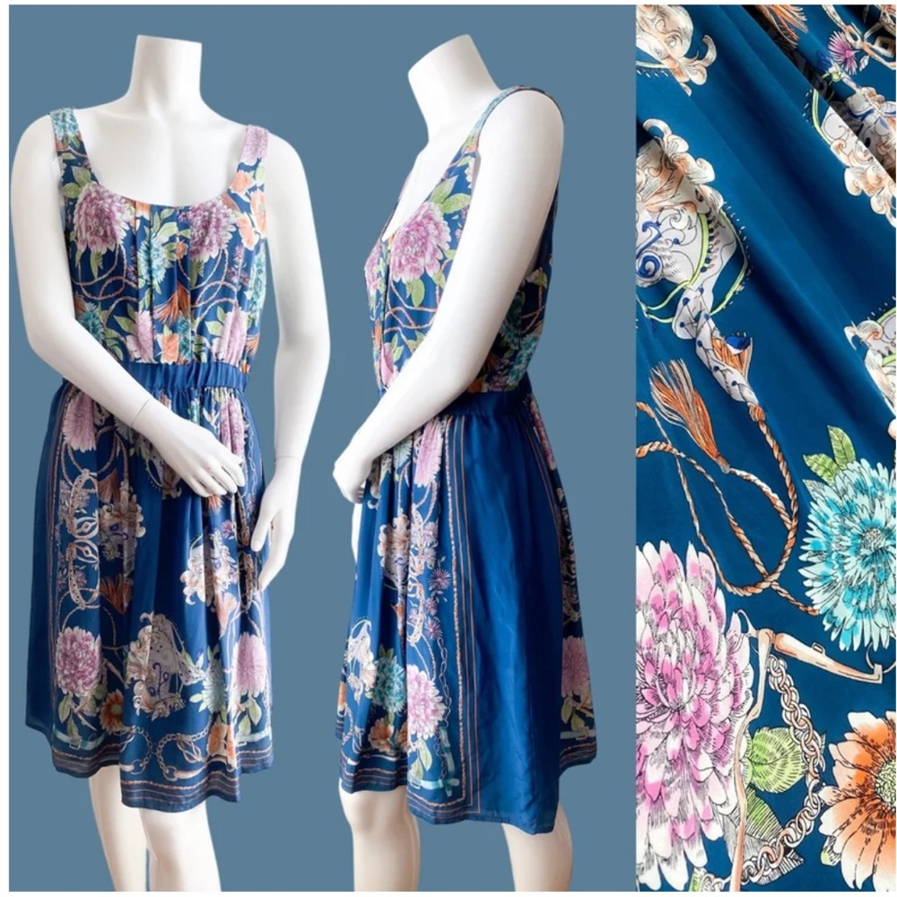 ANTHROPOLOGIE Moulinette Soeurs Silk Floral Blue Art Dress Victorian Y2K S - Picture 1 of 2
